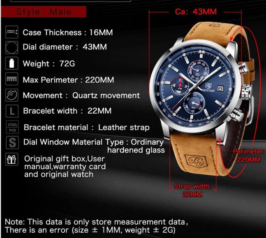 Reloj Hombre BENYAR TURBINE Clásico-Sport Cuarzo Cuero Genuino, CAFÉ Cristal Mineral BENYAR