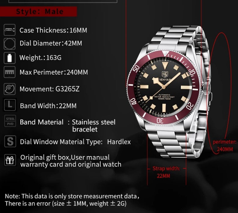 Reloj Hombre BENYAR SOBER  Automático, Cristal Mineral Diamantado