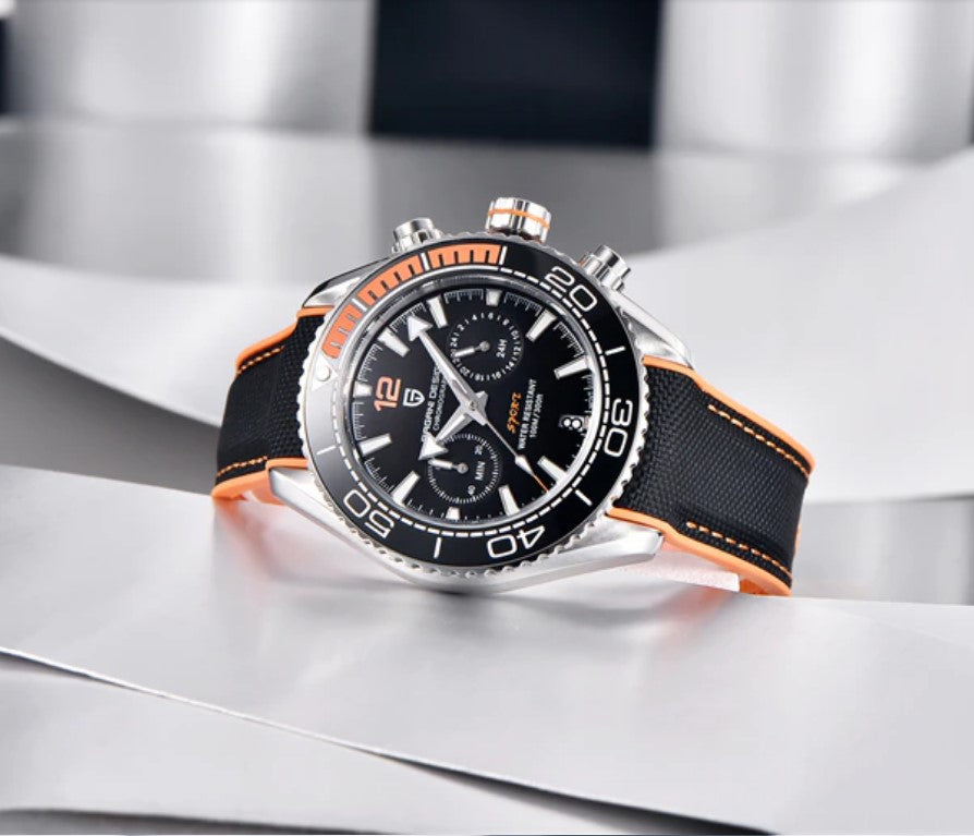 Reloj Hombre PAGANI DAYTONA SPORT BLACK/ORANGE Cuarzo Acero Quirúrgico Cristal de Zafiro