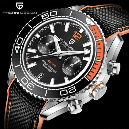 Reloj Hombre PAGANI DAYTONA SPORT BLACK/ORANGE Cuarzo Acero Quirúrgico Cristal de Zafiro